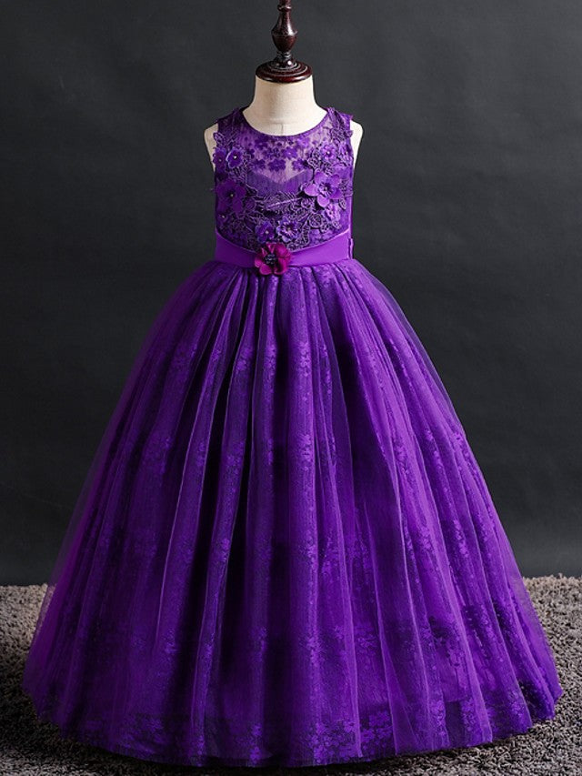 Long Ball Gown Lace Tulle Jewel Neck Wedding Party Flower Girl Dresses-BIZTUNNEL