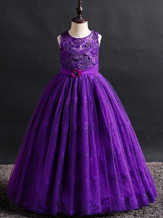 Long Ball Gown Lace Tulle Jewel Neck Wedding Party Flower Girl Dresses-BIZTUNNEL