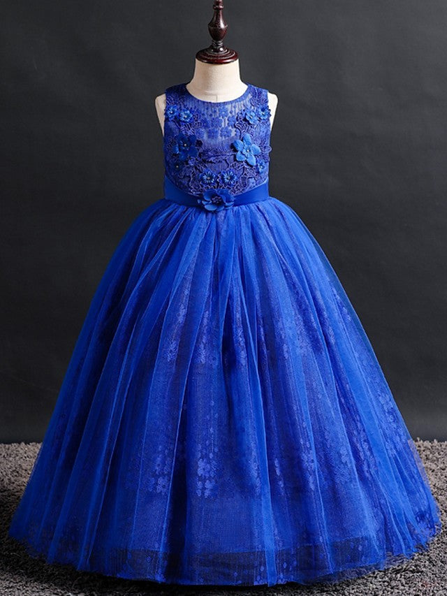 Long Ball Gown Lace Tulle Jewel Neck Wedding Party Flower Girl Dresses-BIZTUNNEL