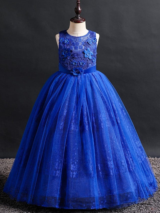 Long Ball Gown Lace Tulle Jewel Neck Wedding Party Flower Girl Dresses-BIZTUNNEL