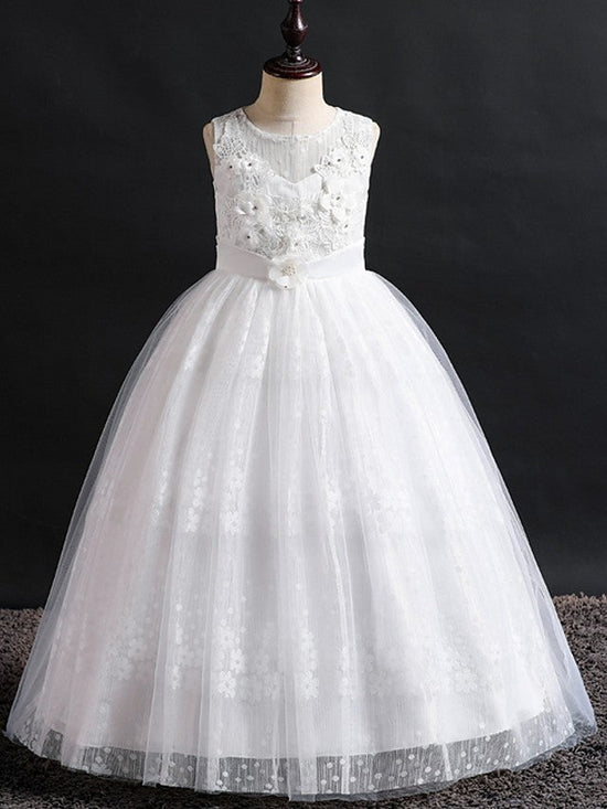 Long Ball Gown Lace Tulle Jewel Neck Wedding Party Flower Girl Dresses-BIZTUNNEL