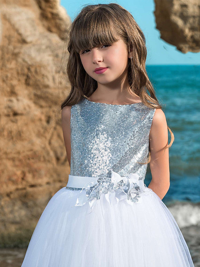 Long Ball Gown Maxi Tulle Boat Neck Wedding Birthday Pageant Flower Girl Dresses-BIZTUNNEL