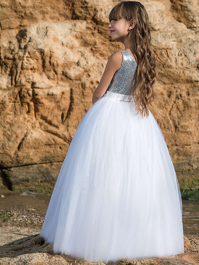 Long Ball Gown Maxi Tulle Boat Neck Wedding Birthday Pageant Flower Girl Dresses-BIZTUNNEL