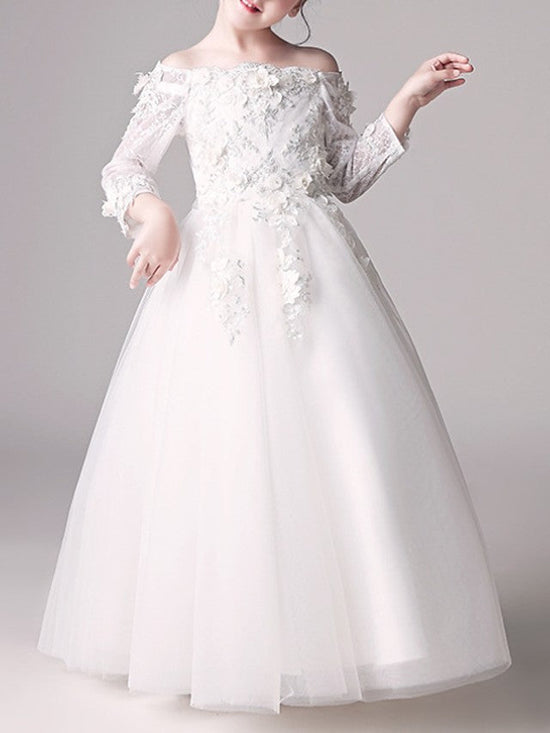 Long Ball Gown Off Shoulder First Communion Flower Girl Dresses with Sleeves-BIZTUNNEL