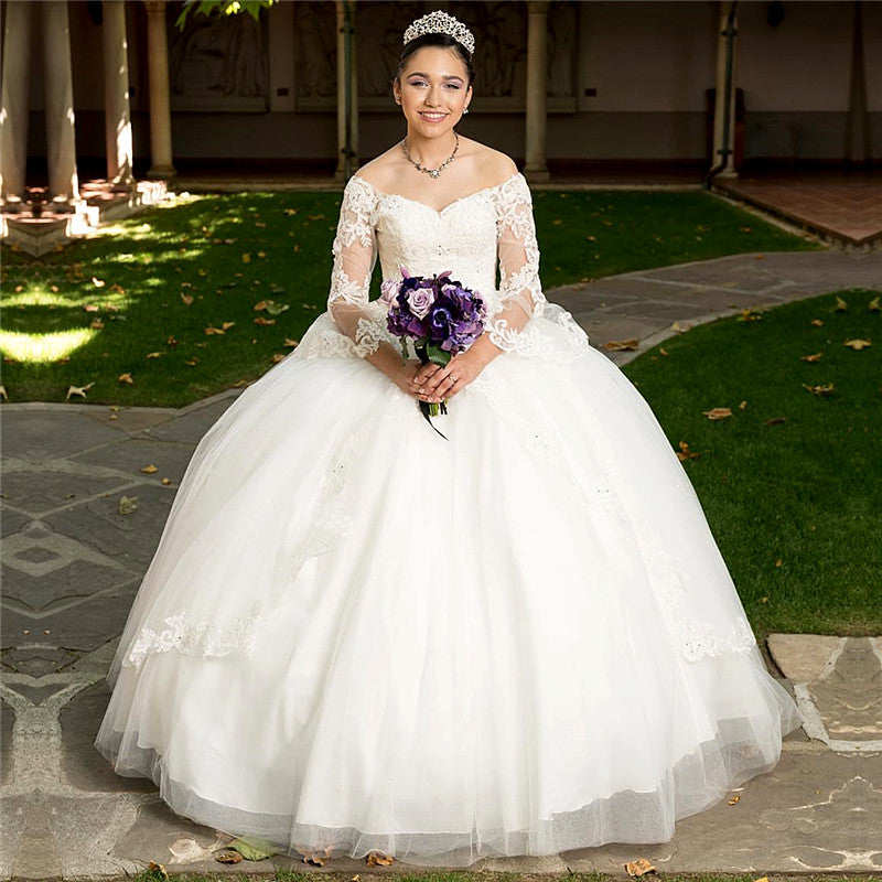 Long Ball Gown Off-the-shoulder Tulle White Quinceanera Dress with Sleeves-BIZTUNNEL