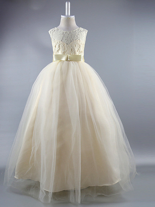 Long Ball Gown Satin Jewel Neck Wedding First Communion Pageant Flower Girl Dresses-BIZTUNNEL