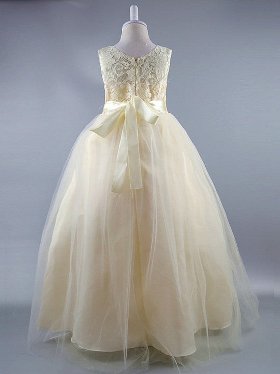 Long Ball Gown Satin Jewel Neck Wedding First Communion Pageant Flower Girl Dresses-BIZTUNNEL