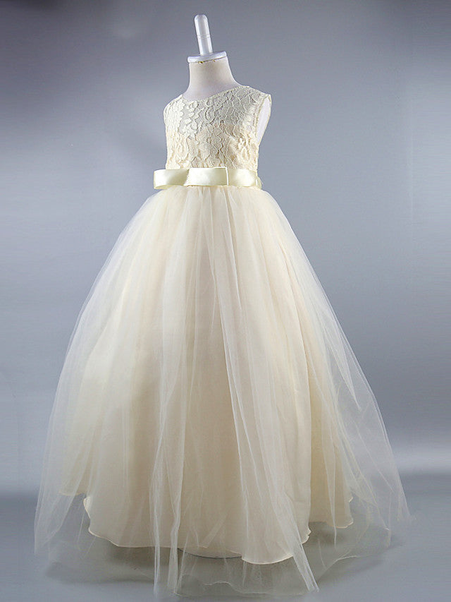 Long Ball Gown Satin Jewel Neck Wedding First Communion Pageant Flower Girl Dresses-BIZTUNNEL