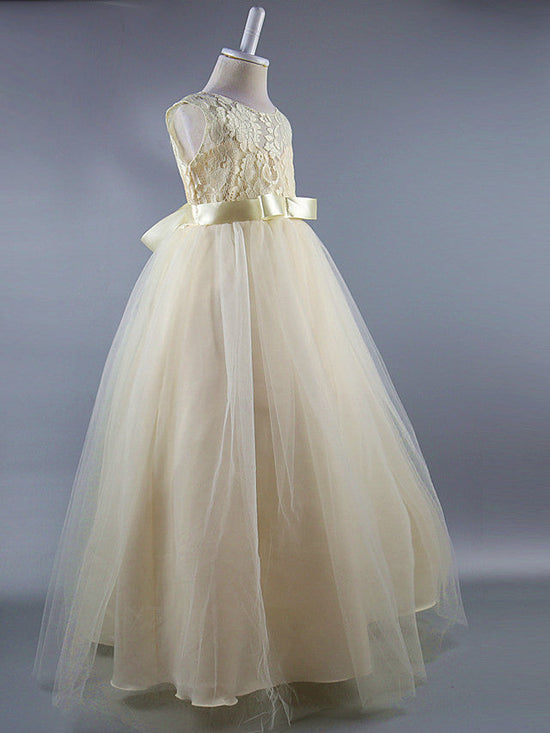 Long Ball Gown Satin Jewel Neck Wedding First Communion Pageant Flower Girl Dresses-BIZTUNNEL