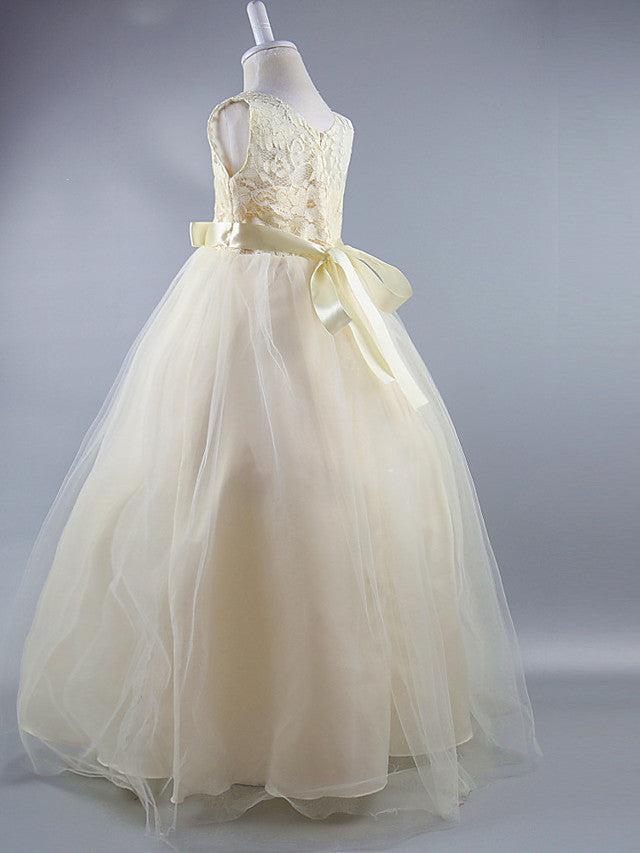 Long Ball Gown Satin Jewel Neck Wedding First Communion Pageant Flower Girl Dresses-BIZTUNNEL