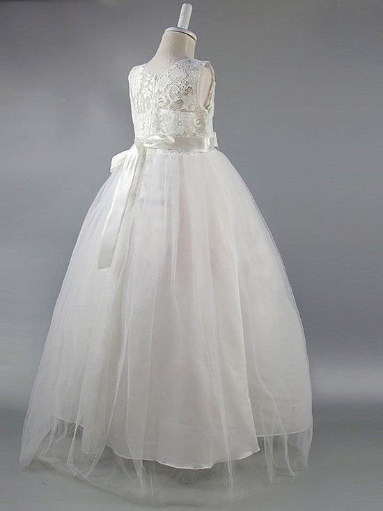 Long Ball Gown Satin Jewel Neck Wedding First Communion Pageant Flower Girl Dresses-BIZTUNNEL