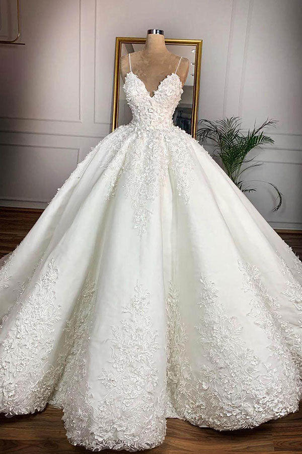 Long Ball Gown Spaghetti Strap Appliques Lace Satin Wedding Dress-BIZTUNNEL