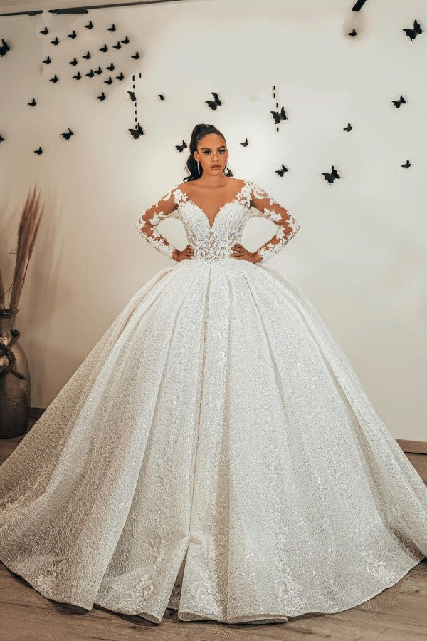 Long Ball Gown Sweetheart Appliques Lace Sequins Ruffles Wedding Dress with Sleeves-BIZTUNNEL