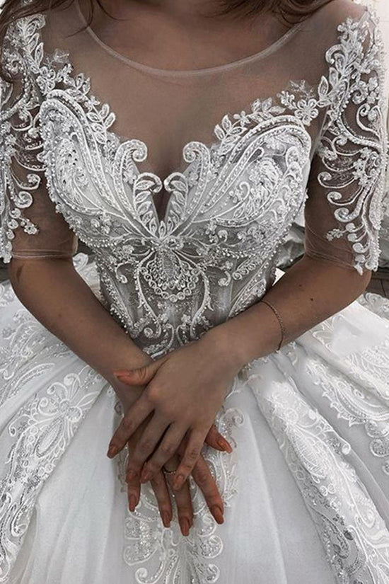 Long Ball Gown Sweetheart Appliques Lace Tulle Wedding Dress with Sleeves-BIZTUNNEL