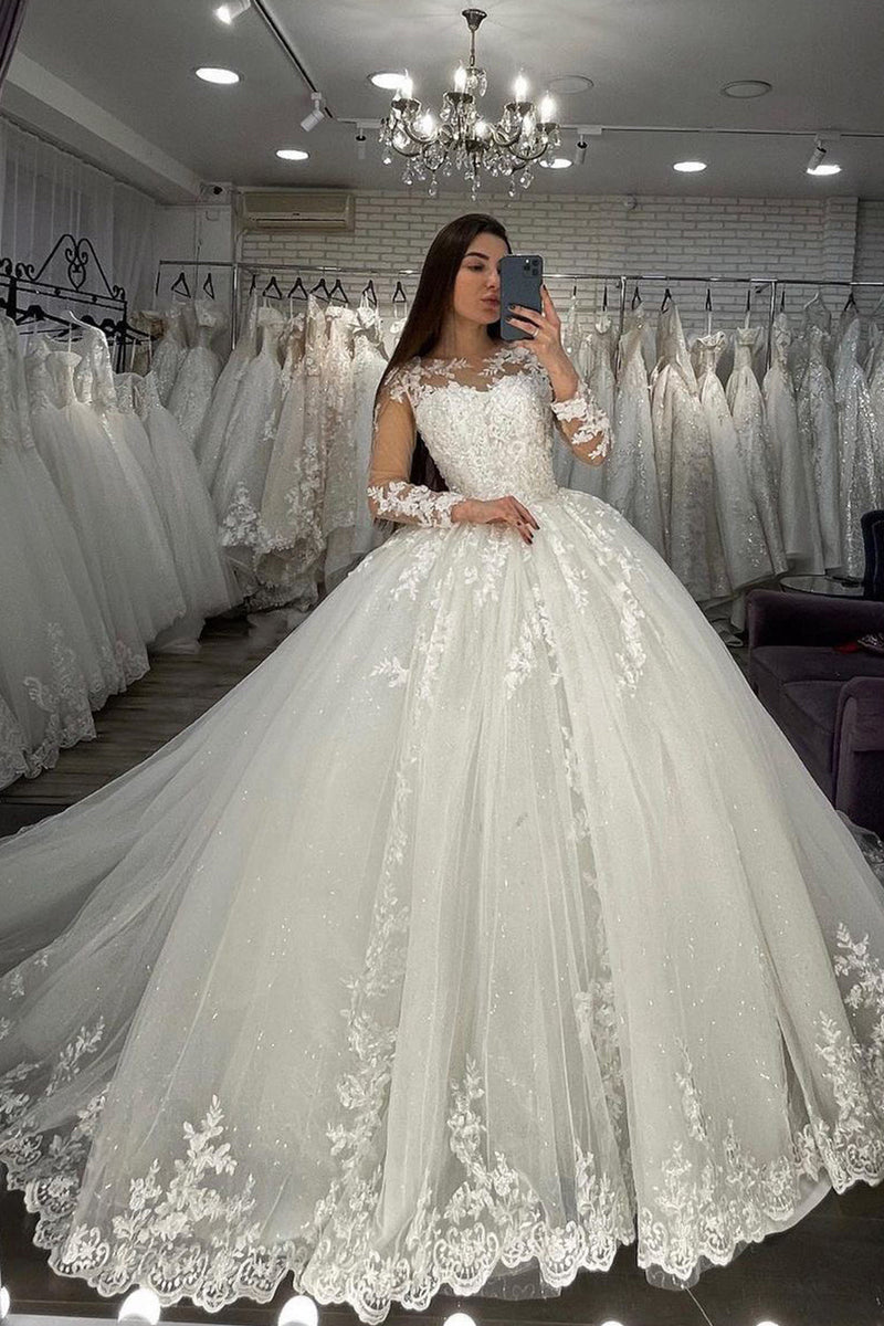 Long Ball Gown Sweetheart Appliques Lace Tulle Wedding Dress with Slee ...