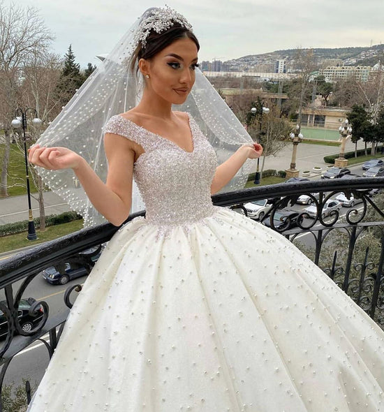 Long Ball Gown Sweetheart Off-the-Shoulder Backless Pearl Beading Ruffles Tulle Wedding Dress-BIZTUNNEL