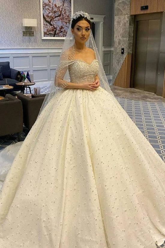 Long Ball Gown Sweetheart Off-the-Shoulder Backless Pearl Beading Ruffles Tulle Wedding Dress-BIZTUNNEL