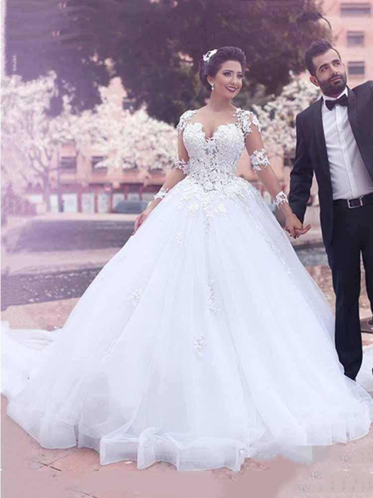 Long Ball Gown Sweetheart Tulle Lace Wedding Dresses with Sleeves-BIZTUNNEL