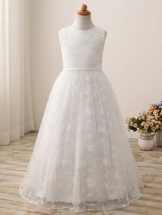 Long Ball Gown Tulle Cotton Jewel Neck First Communion Birthday Flower Girl Dresses-BIZTUNNEL