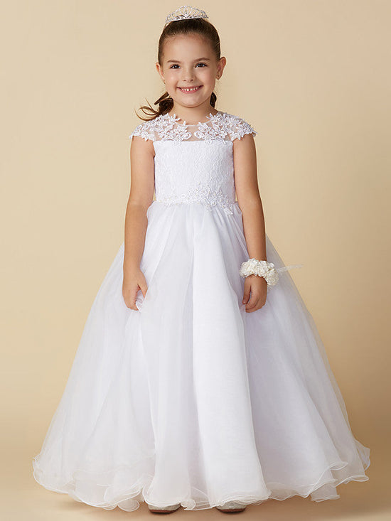 Long Ball Gown Tulle Jewel Neck Wedding First Communion Flower Girl Dresses with Sleeves-BIZTUNNEL