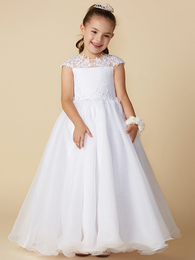 Long Ball Gown Tulle Jewel Neck Wedding First Communion Flower Girl Dresses with Sleeves-BIZTUNNEL