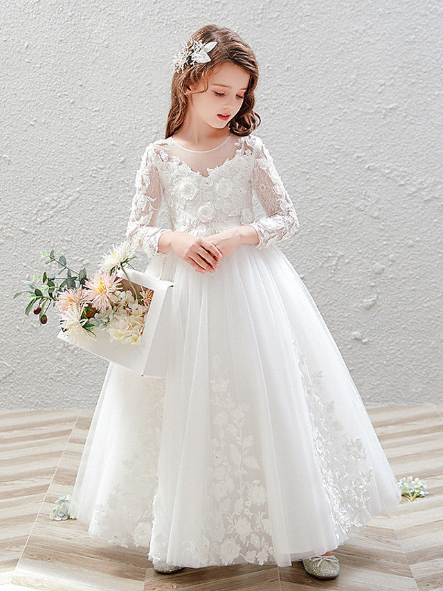 Long Ball Gown Tulle Jewel Neck Wedding Party Flower Girl Dresses with Sleeves-BIZTUNNEL