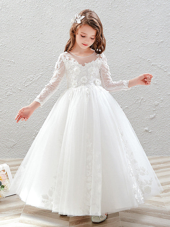 Long Ball Gown Tulle Jewel Neck Wedding Party Flower Girl Dresses with Sleeves-BIZTUNNEL