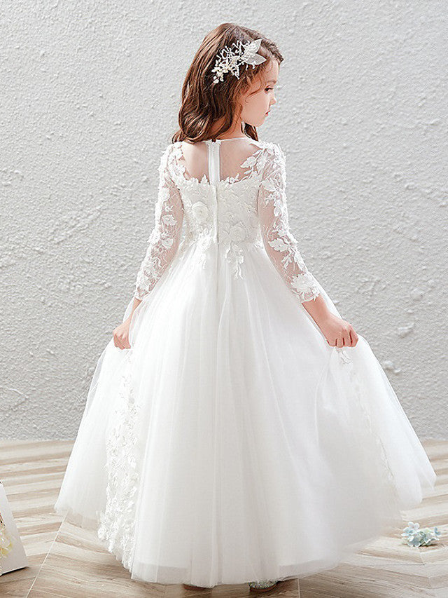 Long Ball Gown Tulle Jewel Neck Wedding Party Flower Girl Dresses with Sleeves-BIZTUNNEL