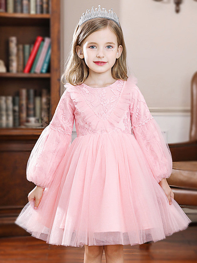 Long Ball Gown Tulle Jewel Neck Wedding Party Flower Girl Dresses with Sleeves-BIZTUNNEL