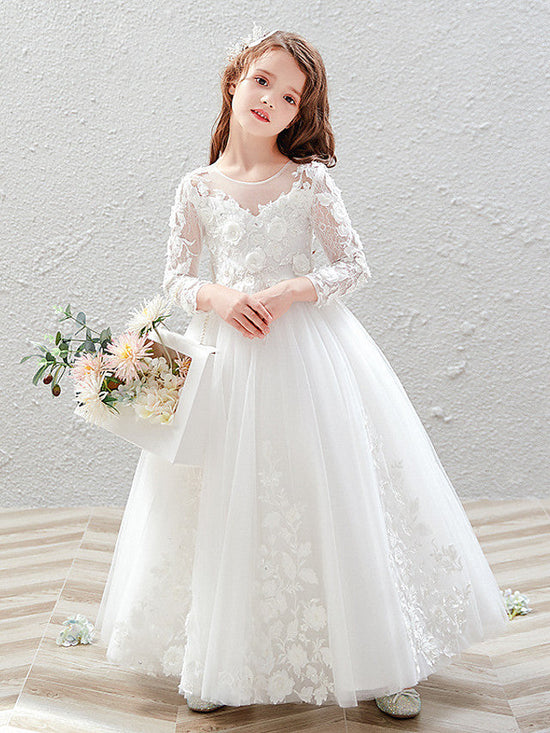 Long Ball Gown Tulle Jewel Neck Wedding Party Flower Girl Dresses with Sleeves-BIZTUNNEL