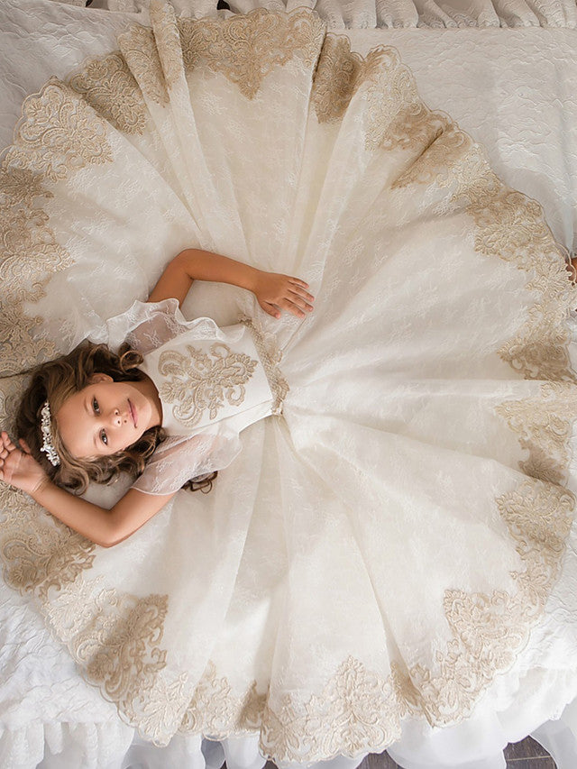 Long Ball Gown Tulle Lace Wedding Birthday Pageant Flower Girl Dresses-BIZTUNNEL