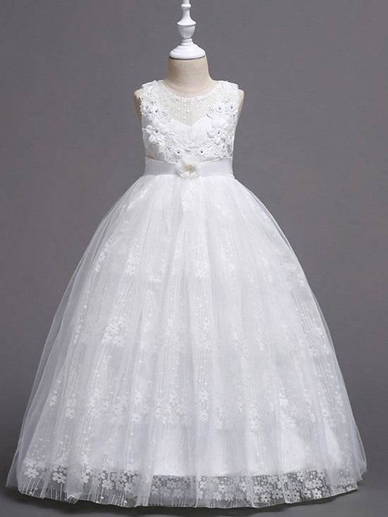 Long Ball Gown Tulle Sleeveless Jewel Neck Wedding Party Flower Girl Dresses-BIZTUNNEL