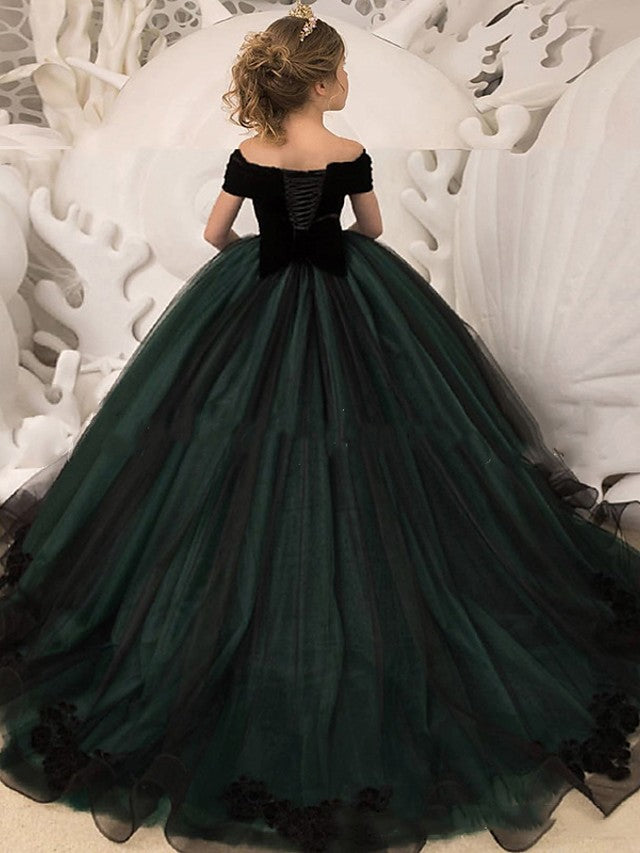 Long Ball Gown Tulle Velvet Off Shoulder Wedding Party Flower Girl Dre ...