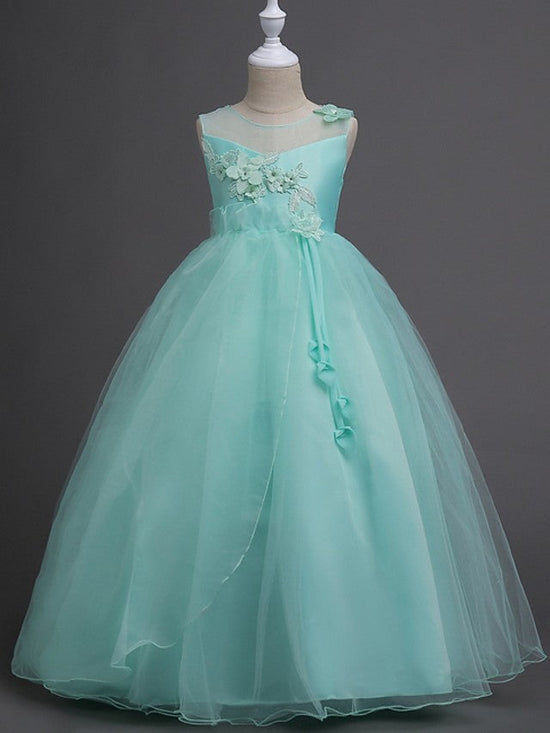 Long Ball Gown Tulle Wedding Party Flower Girl Dresses-BIZTUNNEL