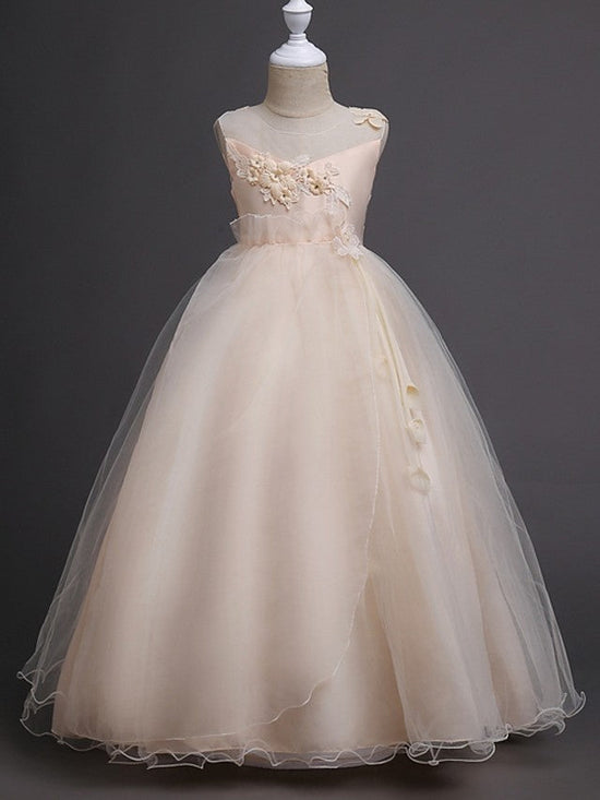 Long Ball Gown Tulle Wedding Party Flower Girl Dresses-BIZTUNNEL