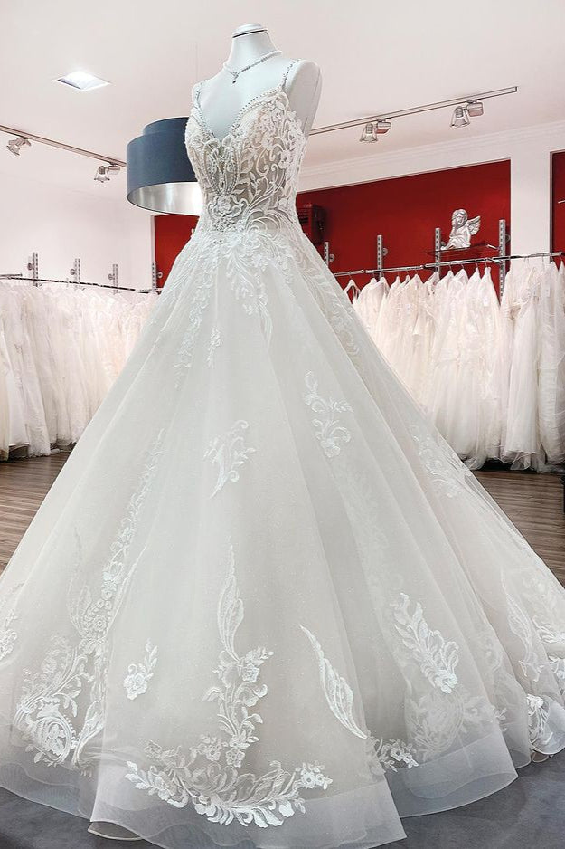 Long Ball Gown V-neck Spaghetti Straps Tulle Lace Wedding Dress-BIZTUNNEL