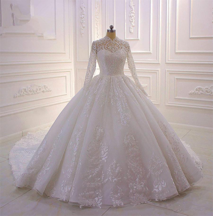 Long High neck Appliques Lace Ball Gown Wedding Dress with Sleeves-BIZTUNNEL