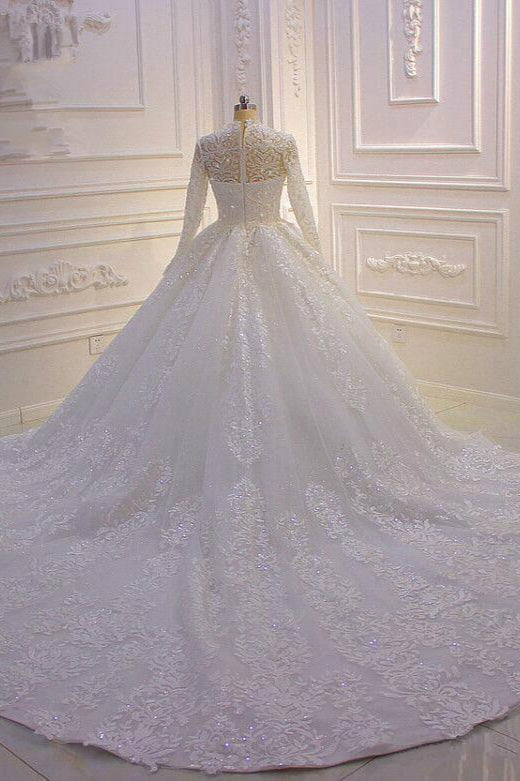 Long High neck Appliques Lace Ball Gown Wedding Dress with Sleeves-BIZTUNNEL