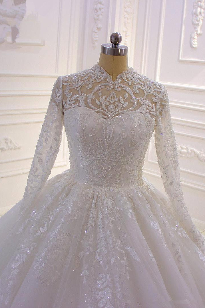 Long High neck Appliques Lace Ball Gown Wedding Dress with Sleeves-BIZTUNNEL