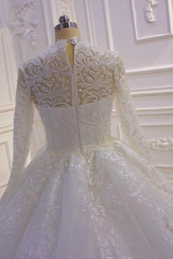 Long High neck Appliques Lace Ball Gown Wedding Dress with Sleeves-BIZTUNNEL