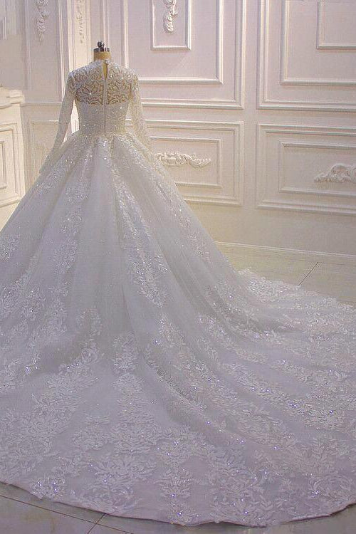 Long High neck Appliques Lace Ball Gown Wedding Dress with Sleeves-BIZTUNNEL