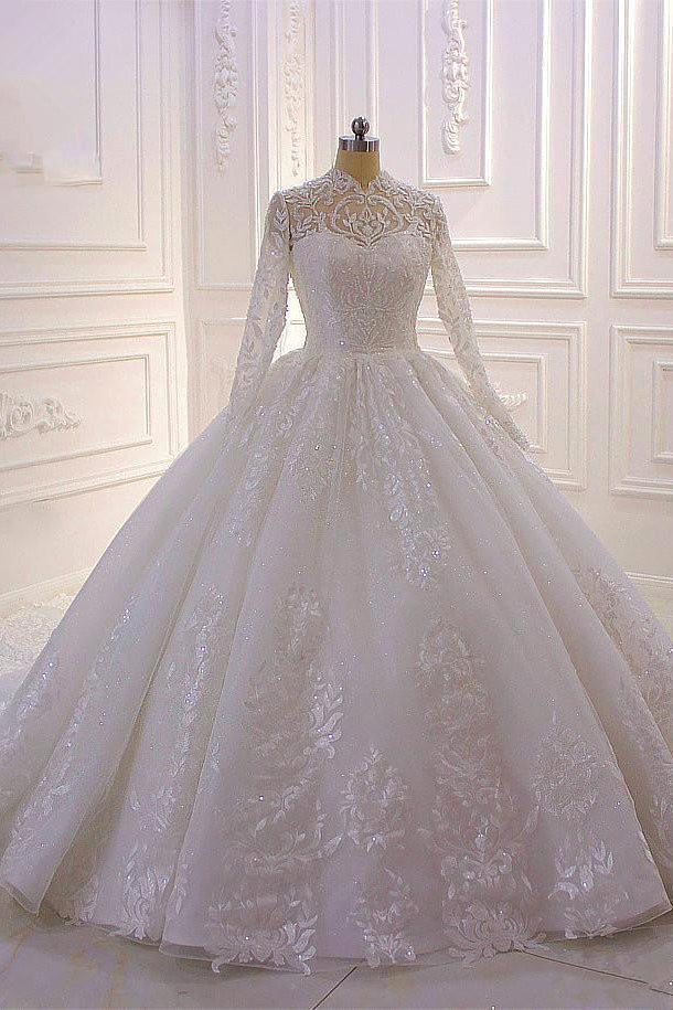 Long High neck Appliques Lace Ball Gown Wedding Dress with Sleeves-BIZTUNNEL