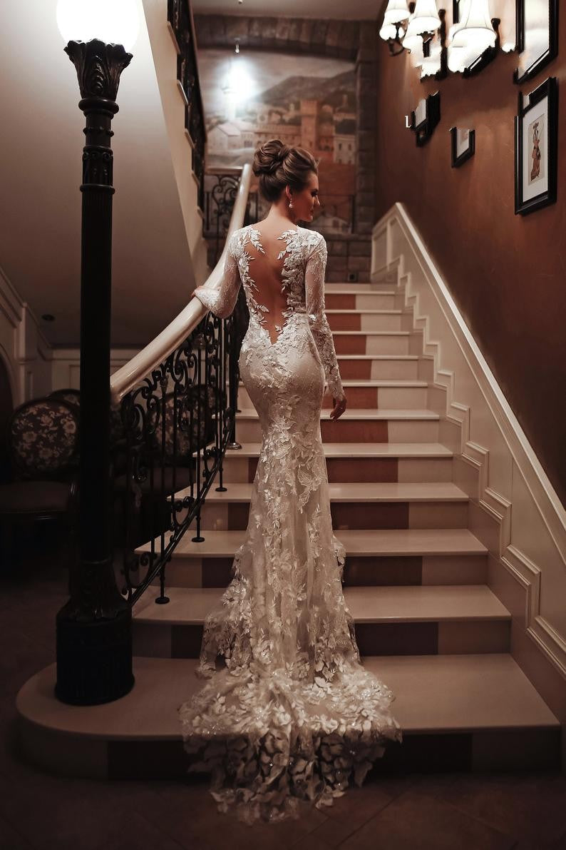 Long Mermaid High Neck Appliques Lace Backless Wedding Dress with Sleeves-BIZTUNNEL