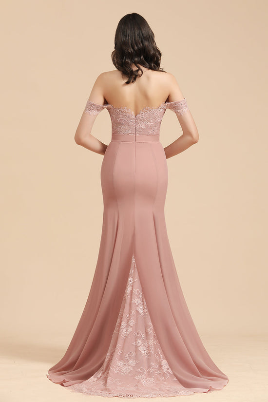 Long Mermaid Off The Shoulder Dusty Rose Bridesmaid Dress with Lace-BIZTUNNEL