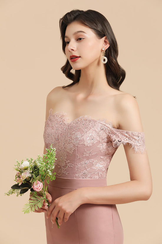 Long Mermaid Off The Shoulder Dusty Rose Bridesmaid Dress with Lace-BIZTUNNEL