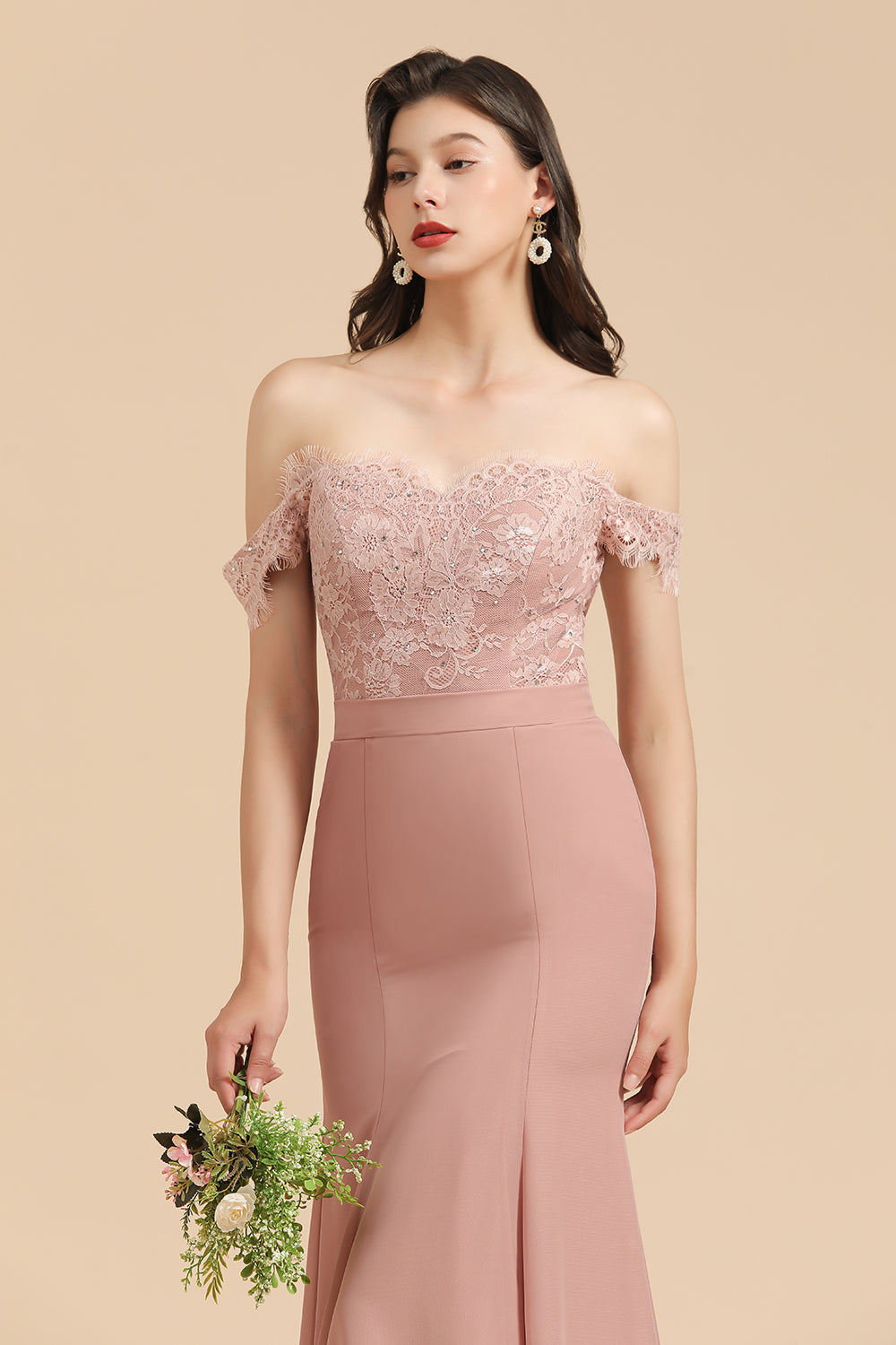 Long Mermaid Off The Shoulder Dusty Rose Bridesmaid Dress with Lace-BIZTUNNEL