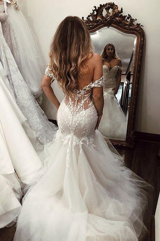 Long Mermaid Off the Shoulder Lace Backless Wedding Dresses-BIZTUNNEL