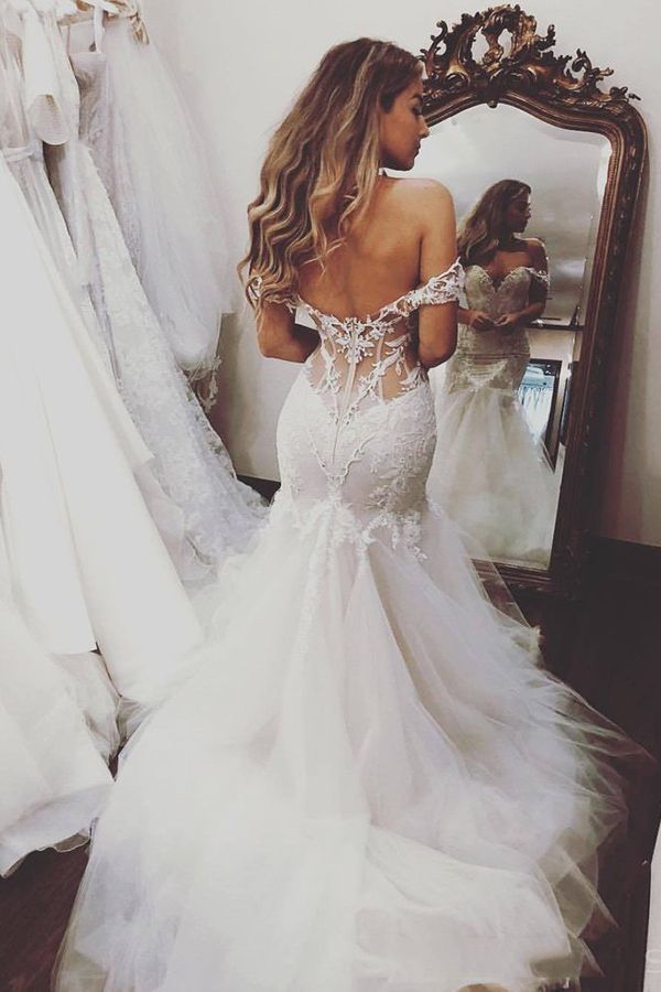 Long Mermaid Off the Shoulder Lace Backless Wedding Dresses-BIZTUNNEL