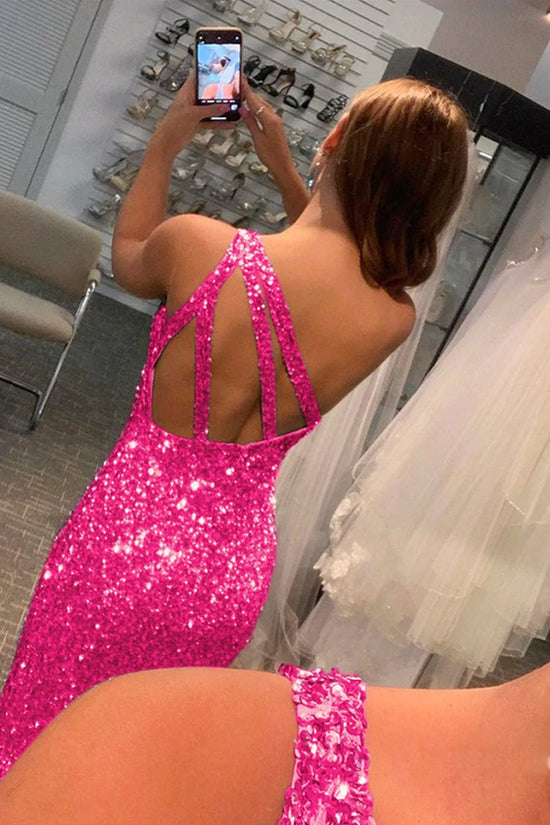 Long Mermaid One Shoulder Sequined Formal Prom Dress with Slit Fuchsia Evening Gowns-BIZTUNNEL