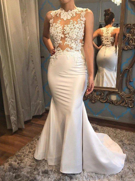 Long Mermaid Satin Applique Lace Court Train Wedding Dresses-BIZTUNNEL